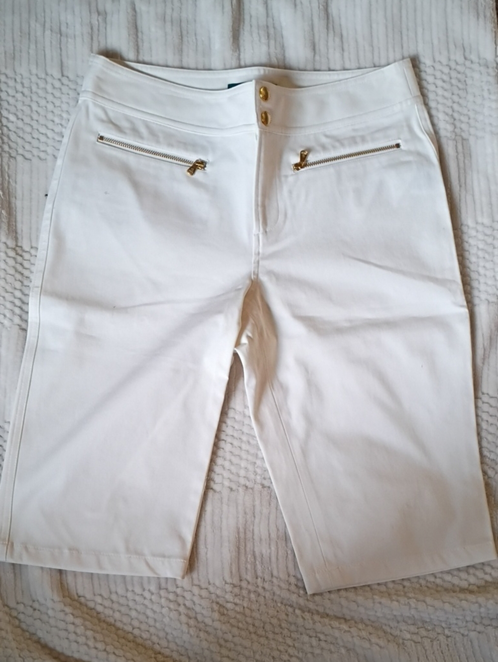Ralph Lauren White Mid-Length Bermuda Shorts with Gold Zipper Accents